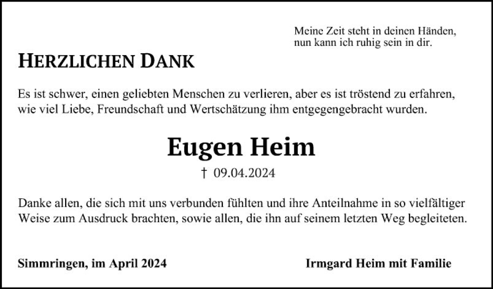  Traueranzeige für Eugen Heim vom 27.04.2024 aus Fränkische Nachrichten