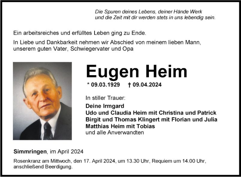  Traueranzeige für Eugen Heim vom 13.04.2024 aus Fränkische Nachrichten