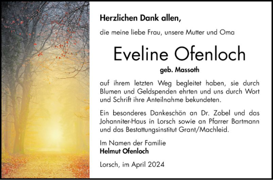 Traueranzeige von Eveline Ofenloch von Bergsträßer Anzeiger