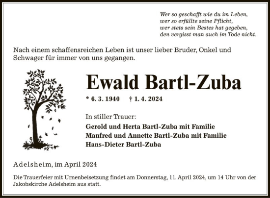 Traueranzeige von Ewald Bartl-Zuba von Fränkische Nachrichten