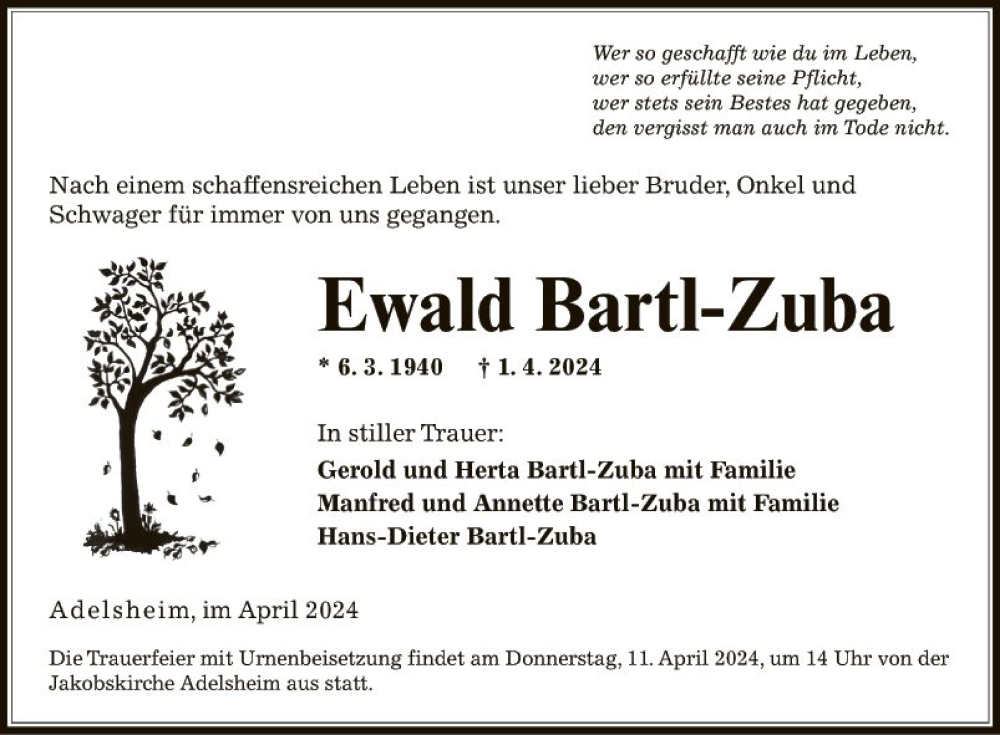  Traueranzeige für Ewald Bartl-Zuba vom 08.04.2024 aus Fränkische Nachrichten