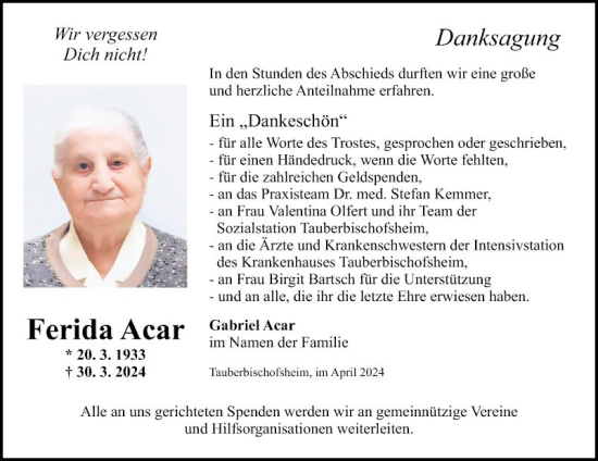 Traueranzeige von Ferida Acar von Fränkische Nachrichten