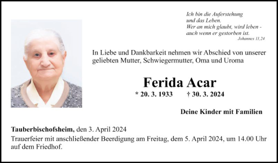 Traueranzeige von Ferida Acar von Fränkische Nachrichten