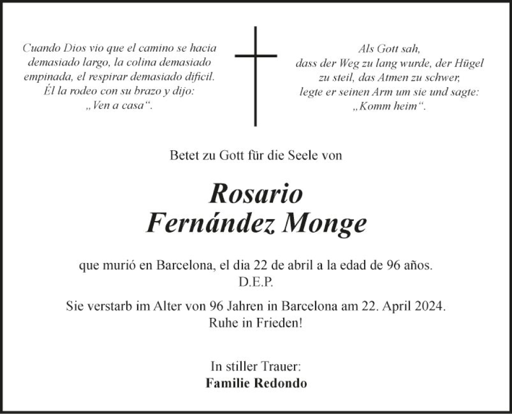  Traueranzeige für Fernandez Monge vom 30.04.2024 aus Fränkische Nachrichten