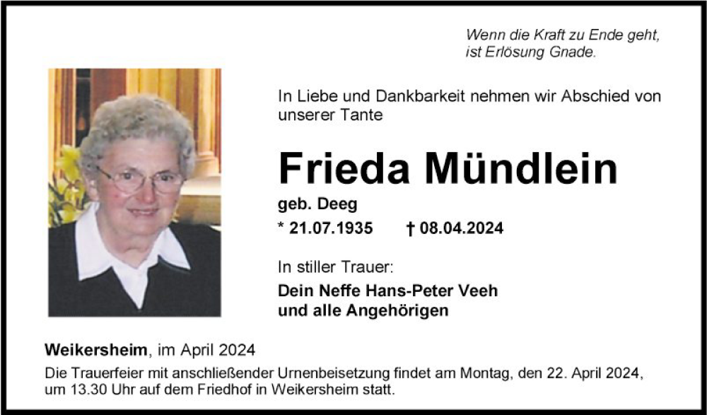  Traueranzeige für Frieda Mündlein vom 18.04.2024 aus Fränkische Nachrichten