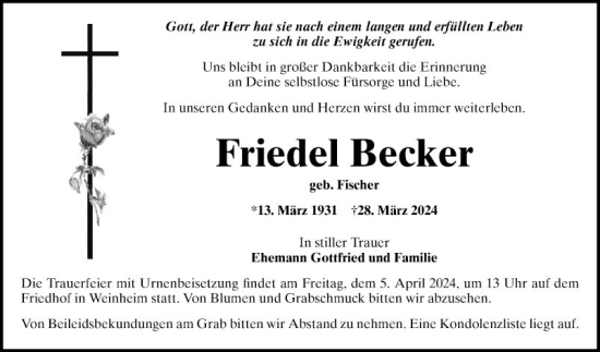 Traueranzeige von Friedel Becker von Bergsträßer Anzeiger