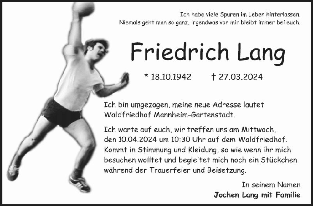  Traueranzeige für Friedrich Lang vom 06.04.2024 aus Mannheimer Morgen