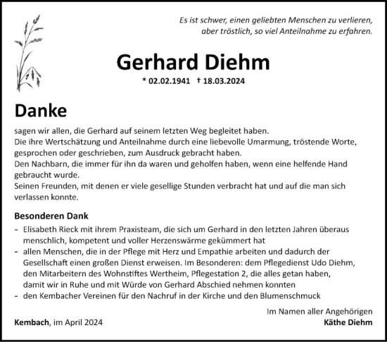 Traueranzeige von Gerhard Diehm von Fränkische Nachrichten