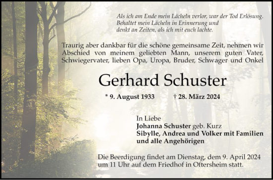 Traueranzeige von Gerhard Schuster von Schwetzinger Zeitung