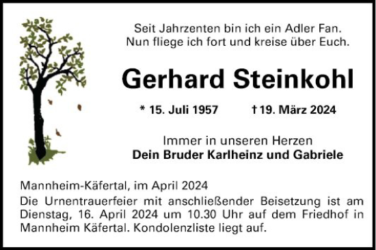 Traueranzeige von Gerhard Steinkohl von Mannheimer Morgen