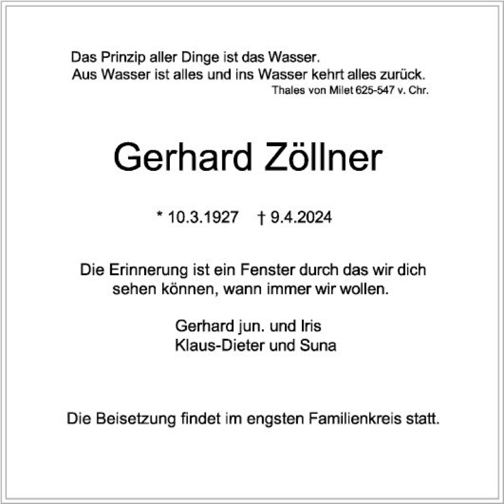  Traueranzeige für Gerhard Zöllner vom 23.04.2024 aus Fränkische Nachrichten