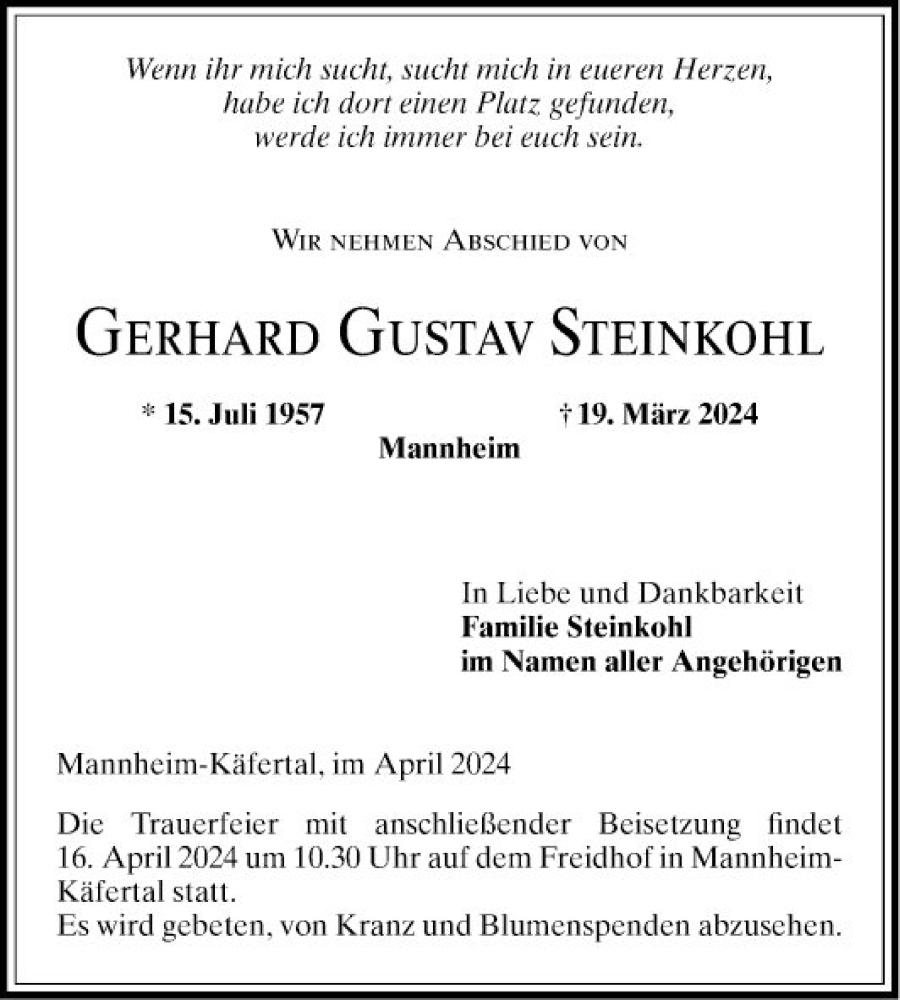  Traueranzeige für Gerhard Gustav Steinkohl vom 13.04.2024 aus Mannheimer Morgen