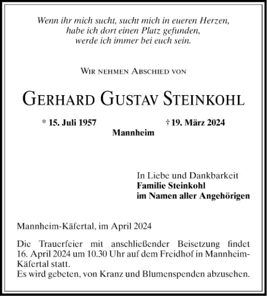 Traueranzeige von Gerhard Gustav Steinkohl von Mannheimer Morgen