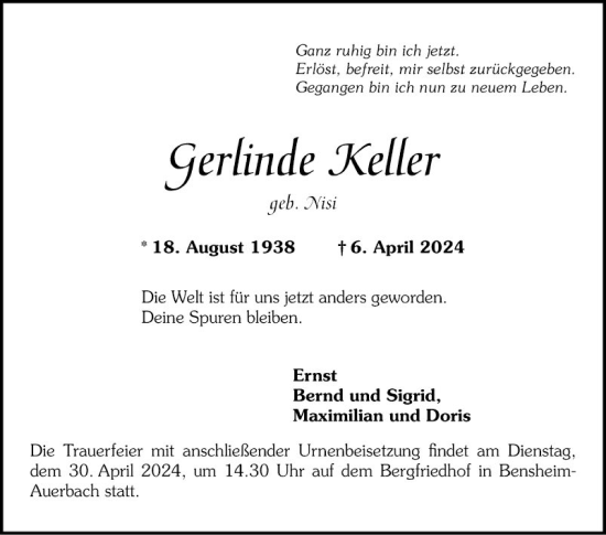 Traueranzeige von Gerlinde Keller von Mannheimer Morgen