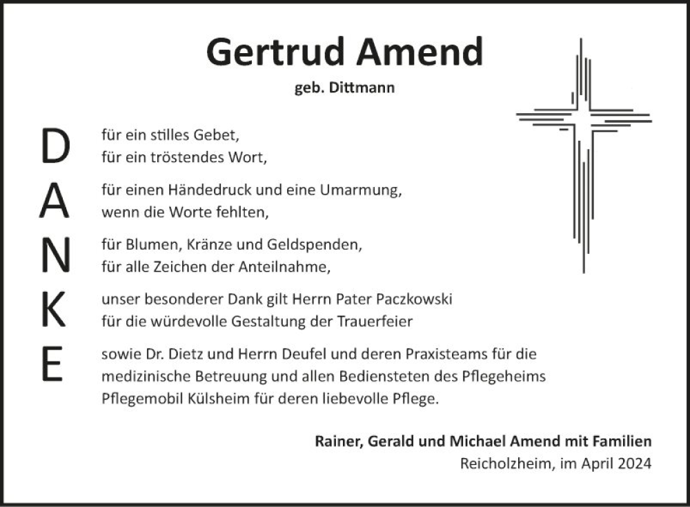  Traueranzeige für Gertrud Amend vom 06.04.2024 aus Fränkische Nachrichten