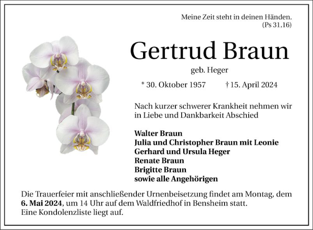  Traueranzeige für Gertrud Braun vom 27.04.2024 aus Bergsträßer Anzeiger