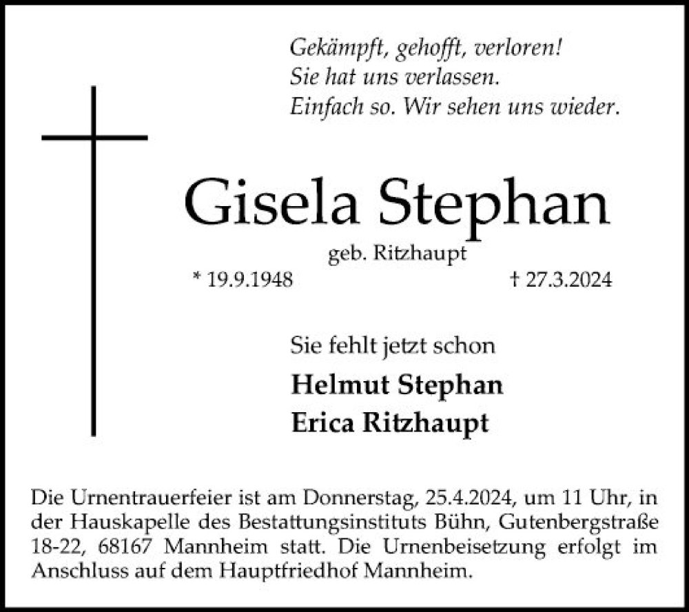  Traueranzeige für Gisela Stephan vom 06.04.2024 aus Mannheimer Morgen