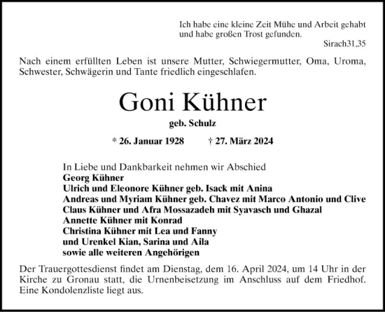 Traueranzeige von Goni Kühner von Bergsträßer Anzeiger