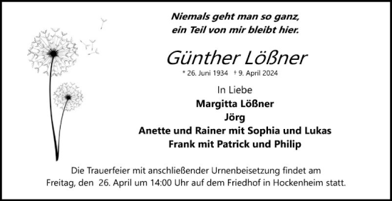 Traueranzeige von Günther Lößner von Schwetzinger Zeitung
