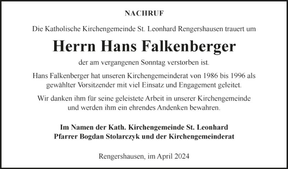  Traueranzeige für Hans Falkenberger vom 24.04.2024 aus Fränkische Nachrichten