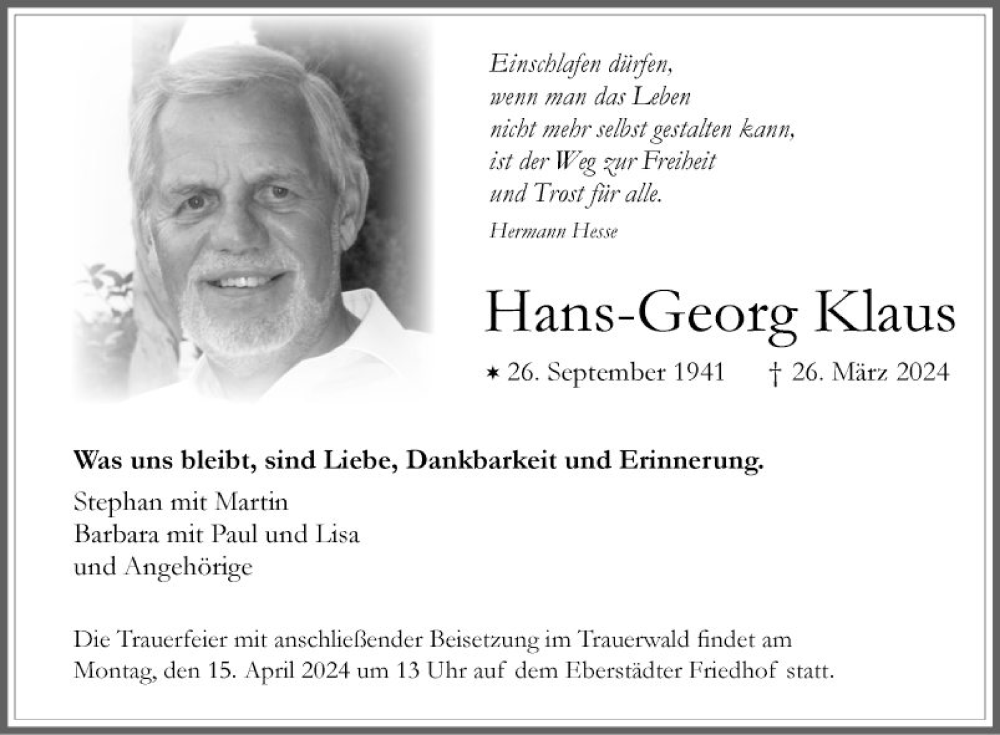  Traueranzeige für Hans-Georg Klaus vom 06.04.2024 aus Bergsträßer Anzeiger