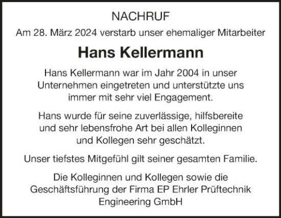 Traueranzeige von Hans Kellermann von Fränkische Nachrichten