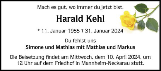 Traueranzeige von Harald Kehl von Mannheimer Morgen
