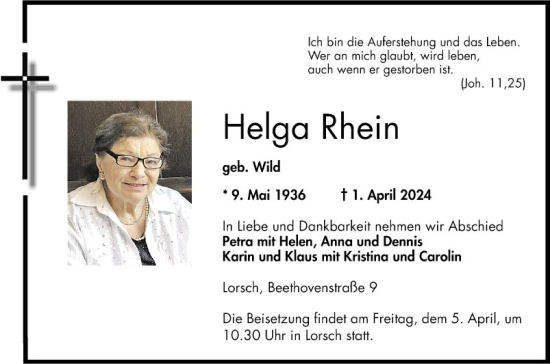 Traueranzeige von Helga Rhein von Bergsträßer Anzeiger