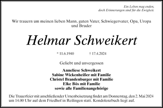 Traueranzeige von Helmar Schweikert von Schwetzinger Zeitung