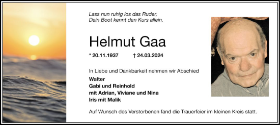 Traueranzeige von Helmut Gaa von Schwetzinger Zeitung
