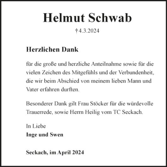 Traueranzeige von Helmut Schwab von Fränkische Nachrichten