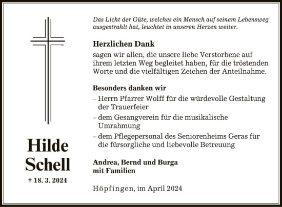 Traueranzeige von Hilde Schell von Fränkische Nachrichten