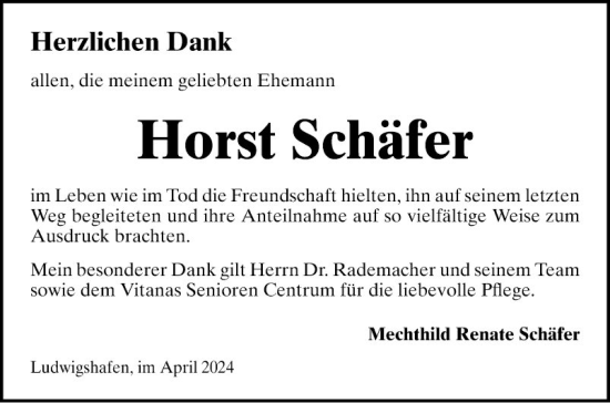 Traueranzeige von Horst Schäfer von Mannheimer Morgen