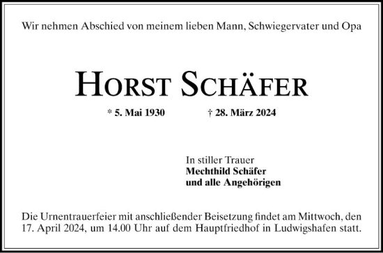 Traueranzeige von Horst Schäfer von Mannheimer Morgen