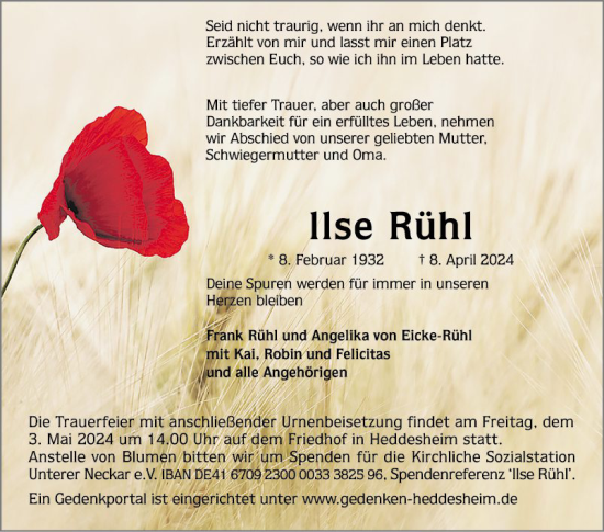 Traueranzeige von Ilse Rühl von Mannheimer Morgen