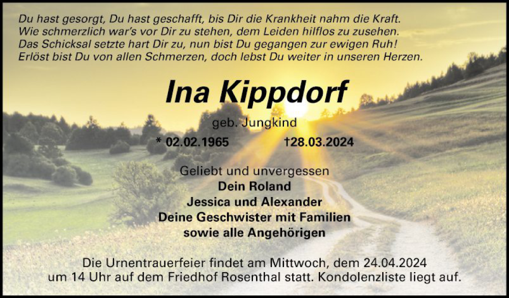  Traueranzeige für Ina Kippdorf vom 20.04.2024 aus Mannheimer Morgen