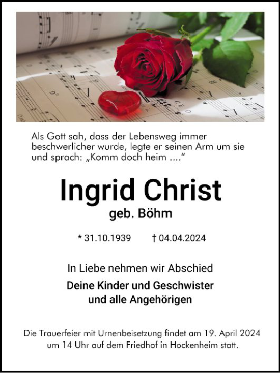 Traueranzeige von Ingrid Christ von Schwetzinger Zeitung