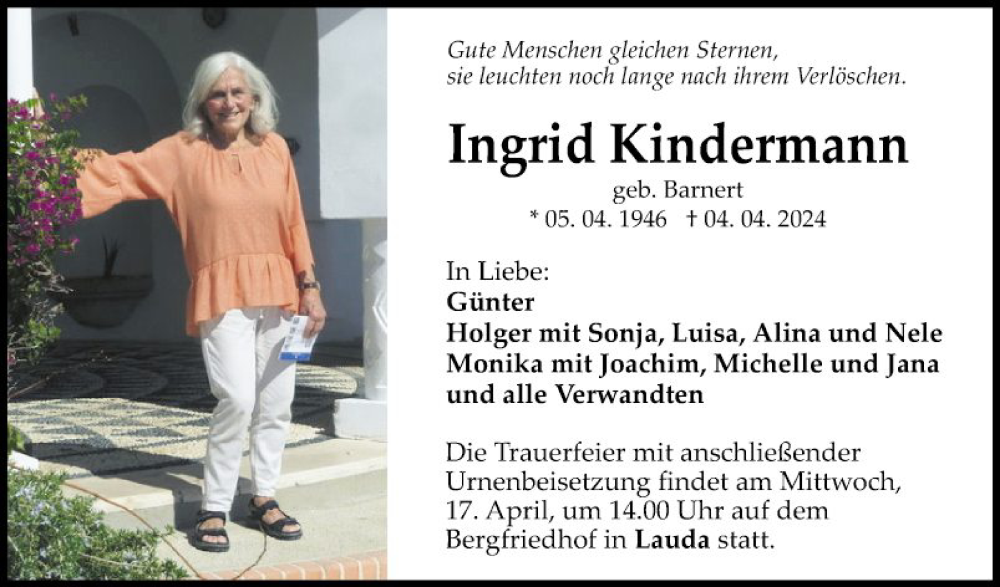  Traueranzeige für Ingrid Kindermann vom 12.04.2024 aus Fränkische Nachrichten