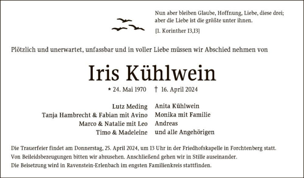  Traueranzeige für Iris Kühlwein vom 23.04.2024 aus Fränkische Nachrichten