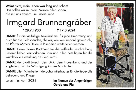 Traueranzeige von Irmgard Brunnengräber von Bergsträßer Anzeiger