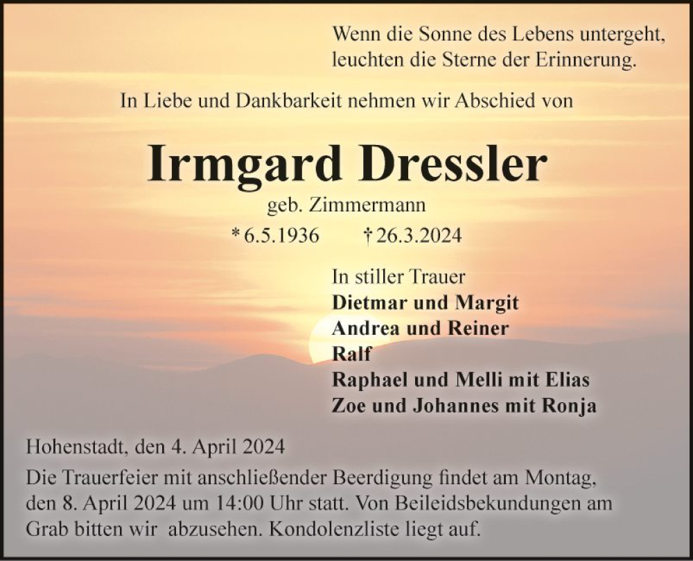 Traueranzeige für Irmgard Dressler vom 04.04.2024 aus Fränkische Nachrichten