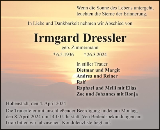 Traueranzeige von Irmgard Dressler von Fränkische Nachrichten