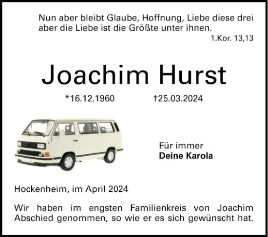 Traueranzeige von Joachim Hurst von Schwetzinger Zeitung