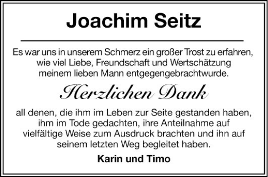 Traueranzeige von Joachim Seitz von Mannheimer Morgen