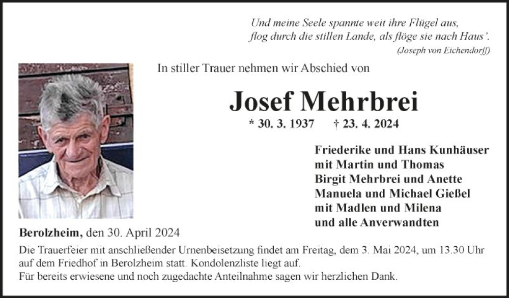  Traueranzeige für Josef Mehrbrei vom 30.04.2024 aus Fränkische Nachrichten