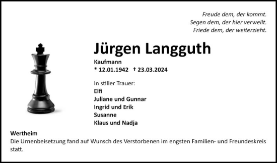 Traueranzeige von Jürgen Langguth von Fränkische Nachrichten