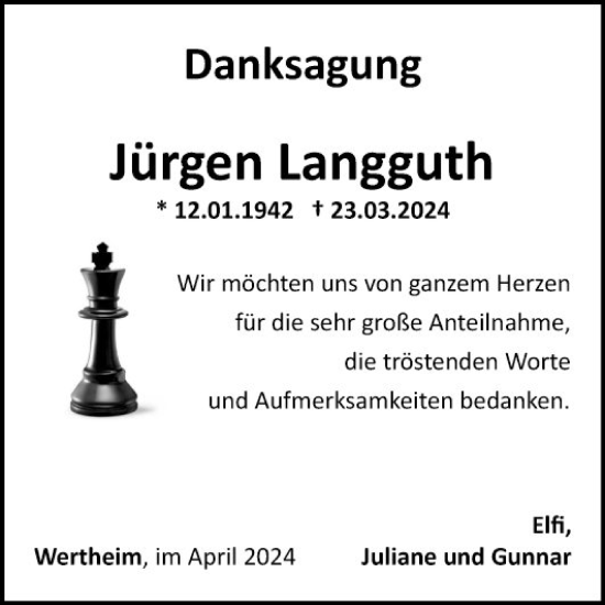 Traueranzeige von Jürgen Langguth von Fränkische Nachrichten