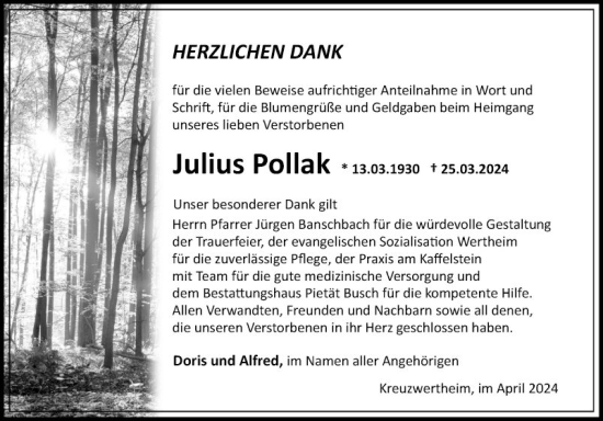 Traueranzeige von Julius Pollak von Fränkische Nachrichten