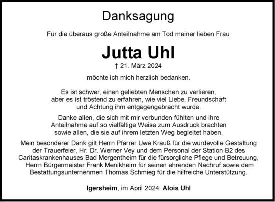 Traueranzeige von Jutta Uhl von Fränkische Nachrichten