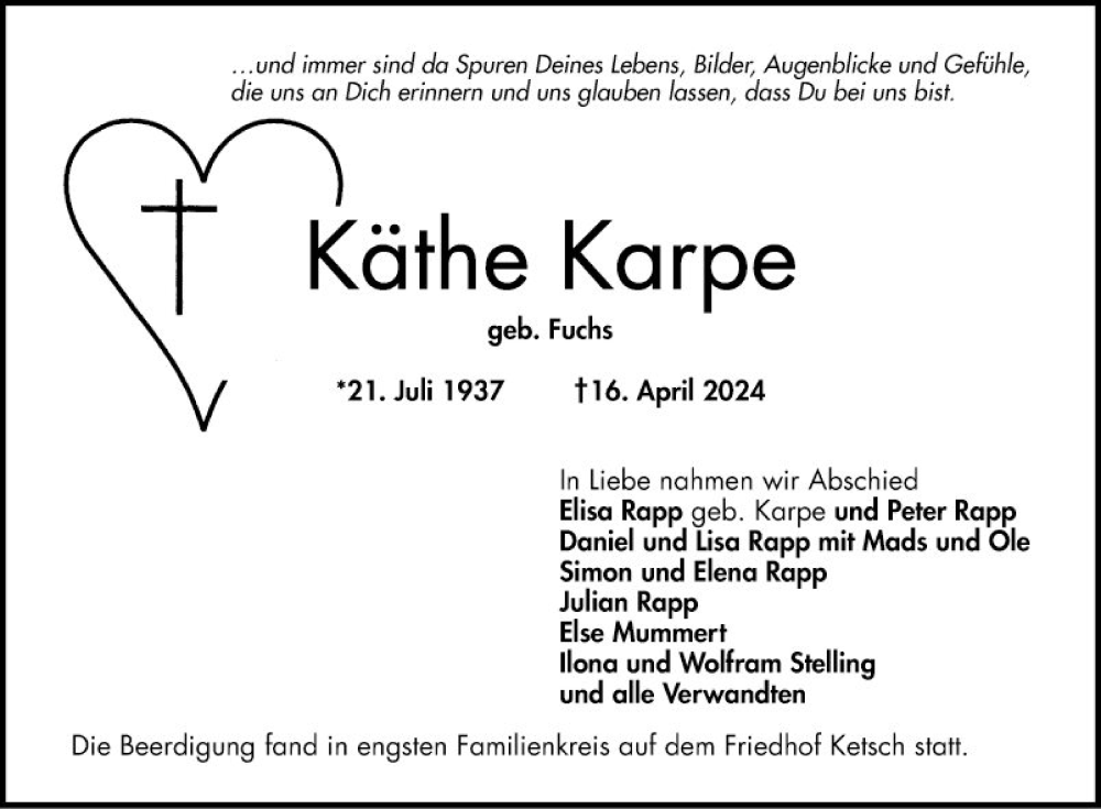  Traueranzeige für Käthe Karpe vom 27.04.2024 aus Schwetzinger Zeitung